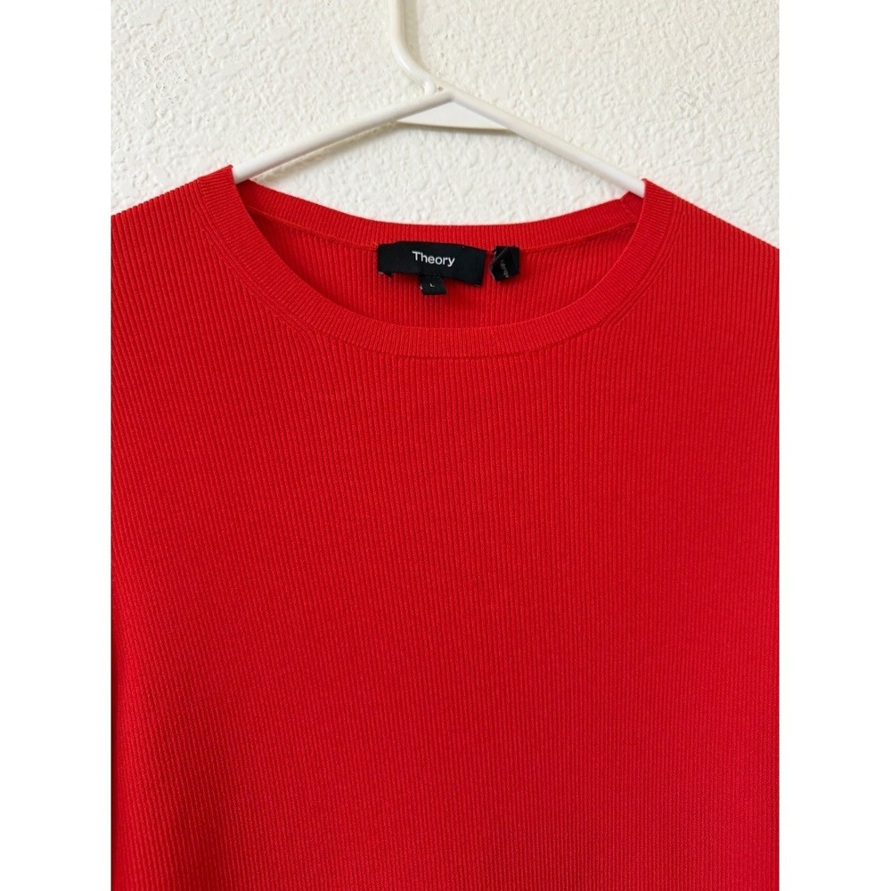 Theoryβ Womens Red Ribbed Knit Long Sleeve Crewneck Fitted Sweater Top L - Picture 10 of 16